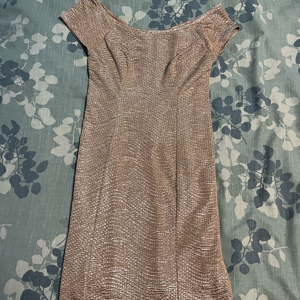 Guess Gold Off the Shoulder Cap Sleeve Mini Dress